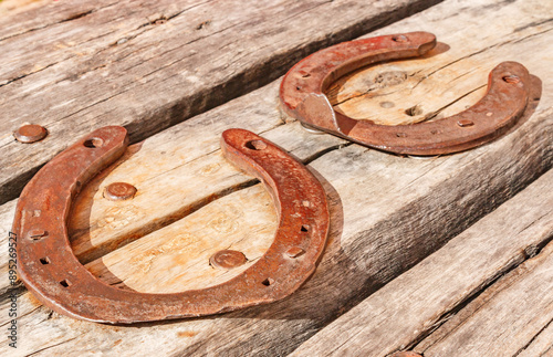 Two old vintage and rusty horseshoes are nailed with antique nails to a dried and cracked shabby piece of wood