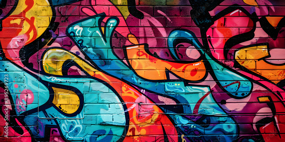 illustration of a wall with a lot of abstract graffiti. brick wall texture
