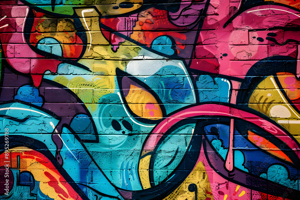 Fototapeta premium illustration of a wall with a lot of abstract graffiti. brick wall texture