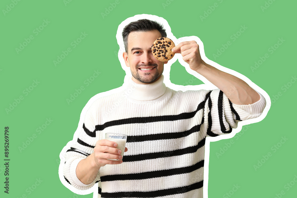 Funny young man with tasty cookie and glass of milk on green background Funny young man with tasty cookie and glass of milk on green background