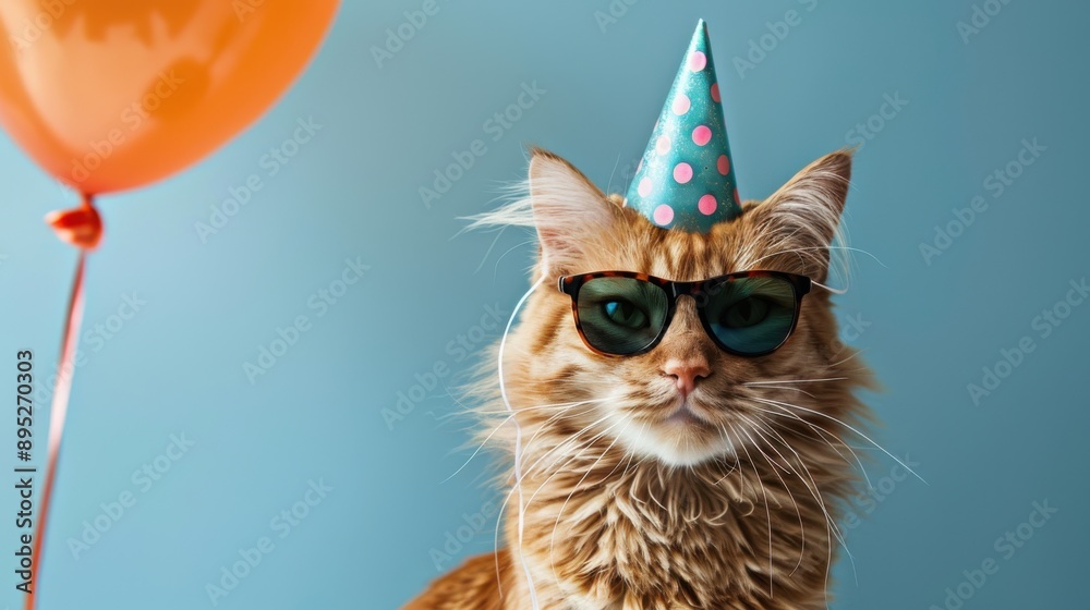 Fototapeta premium cat in party hat and sunglasses, happy anniversary concept, panoramic layout.