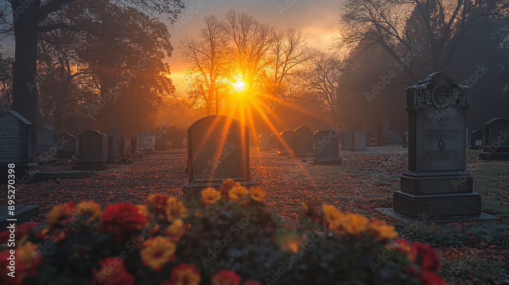 Somber Gravestones in Foggy Cemetery at Sunrise with Eerie Atmosphere Somber Gravestones in Foggy Cemetery at Sunrise with Eerie Atmosphere