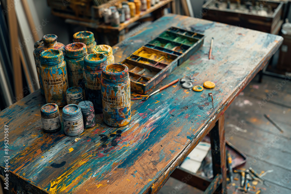 The messy wooden art table covered with paint jars and brushes is a glimpse into the art therapy studio, creativity concept The messy wooden art table covered with paint jars and brushes is a glimpse into the art therapy studio, creativity concept