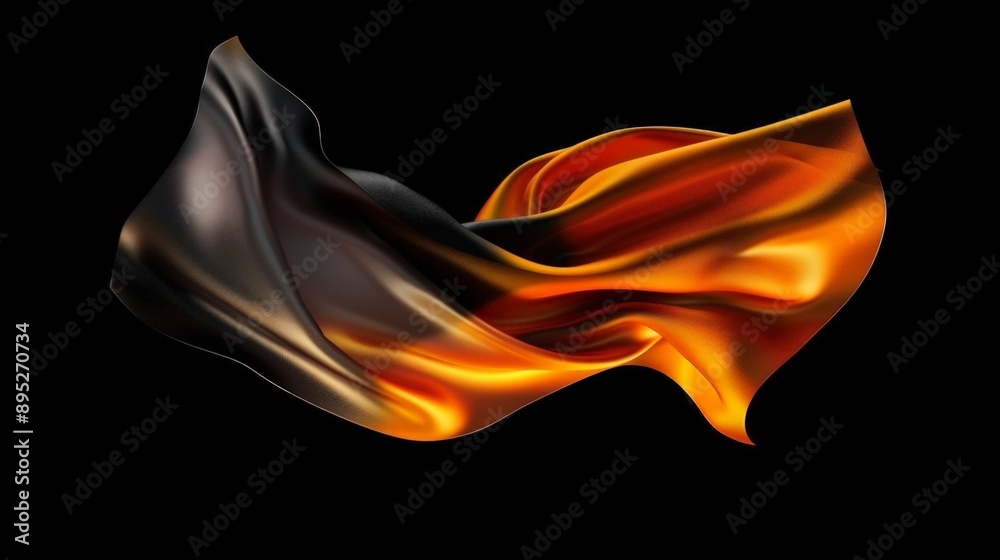 Obraz premium Elegant display of luxurious black and orange fabric on a deep black background, with touches of gold and yellow. Ample space for creative projects