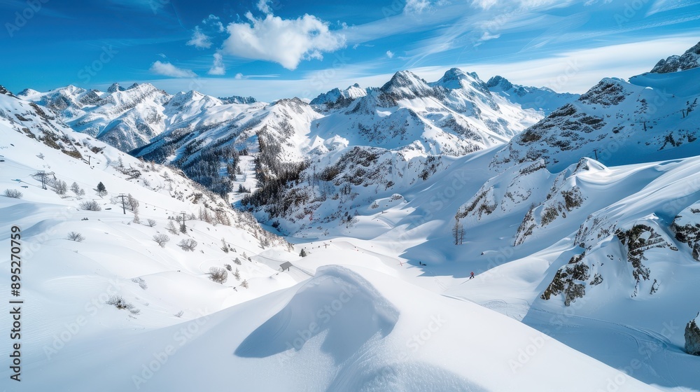Obraz premium A breathtaking landscape of snow-covered mountains under a clear blue sky, showcasing the beauty and serenity of a winter wonderland in a pristine natural environment.