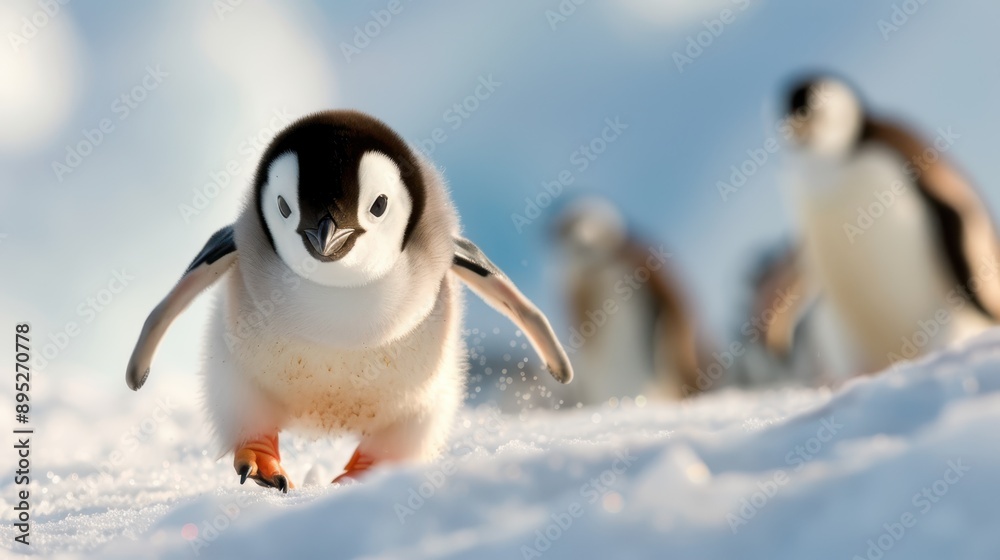 Obraz premium A baby penguin energetically moves forward on a snow-covered surface, captured in mid-step, with a beautiful backdrop of other penguins, showcasing youthful exuberance in the wild.