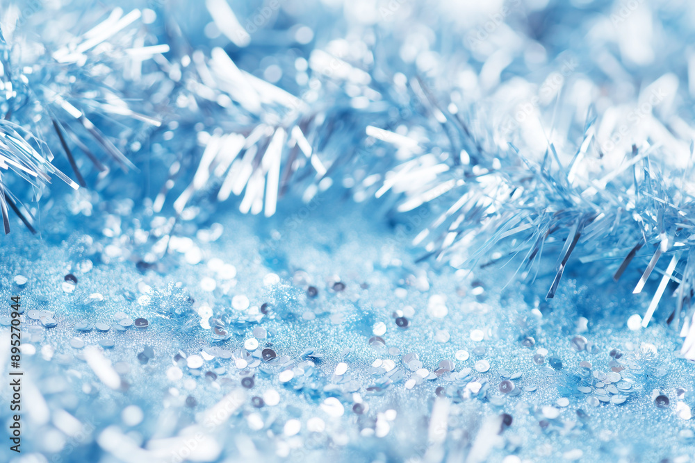 Abstract blue Christmas background with tinsel, confetti and sparkles Abstract blue Christmas background with tinsel, confetti and sparkles
