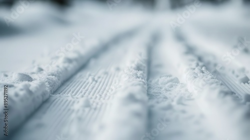 Wallpaper Mural A close-up image of freshly groomed ski tracks in a snowy forest, showcasing the intricate patterns and textures in the snow under the silvery winter light. Torontodigital.ca