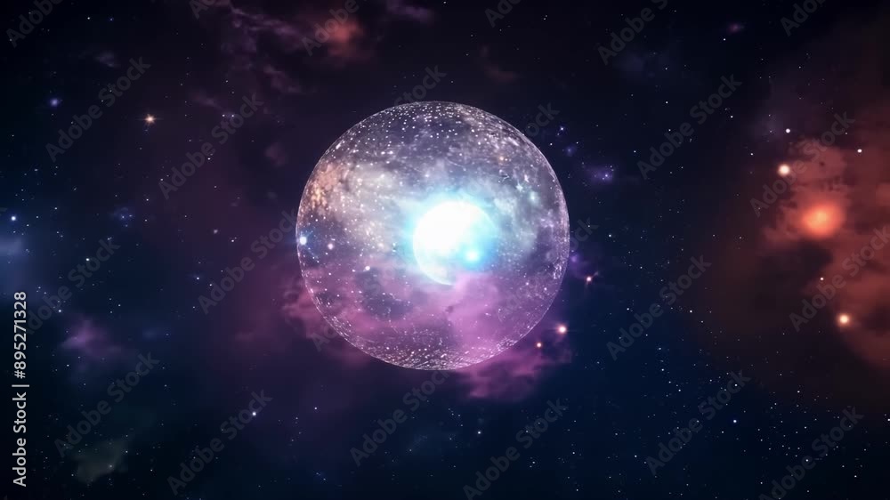 A pulsing orb slowly drifts through a beautiful night sky filled with stars and galaxies. A pulsing orb slowly drifts through a beautiful night sky filled with stars and galaxies.