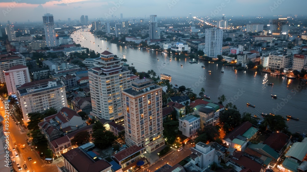 Fototapeta premium An evening aerial shot of a city with brightly lit buildings around a river, capturing the blend of urban development and natural water elements as night falls.