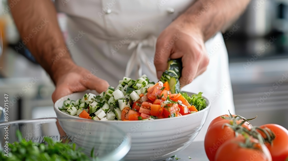 A close-up shot of a chef's hands preparing a fresh salad with diced tomatoes and various herbs in a bowl, showcasing the process of making a healthy dish. A close-up shot of a chef's hands preparing a fresh salad with diced tomatoes and various herbs in a bowl, showcasing the process of making a healthy dish.