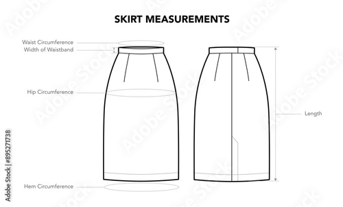 Set of Skirt Measurements diagram with text - length, Circumference styles technical fashion illustration. Flat apparel template front, back view. Women, men unisex CAD mockup isolated on white