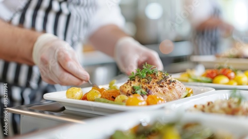 A chef wearing striped apron plates a gourmet meal with roasted chicken and vegetables in a professional kitchen setting, focusing on the dish presentation.