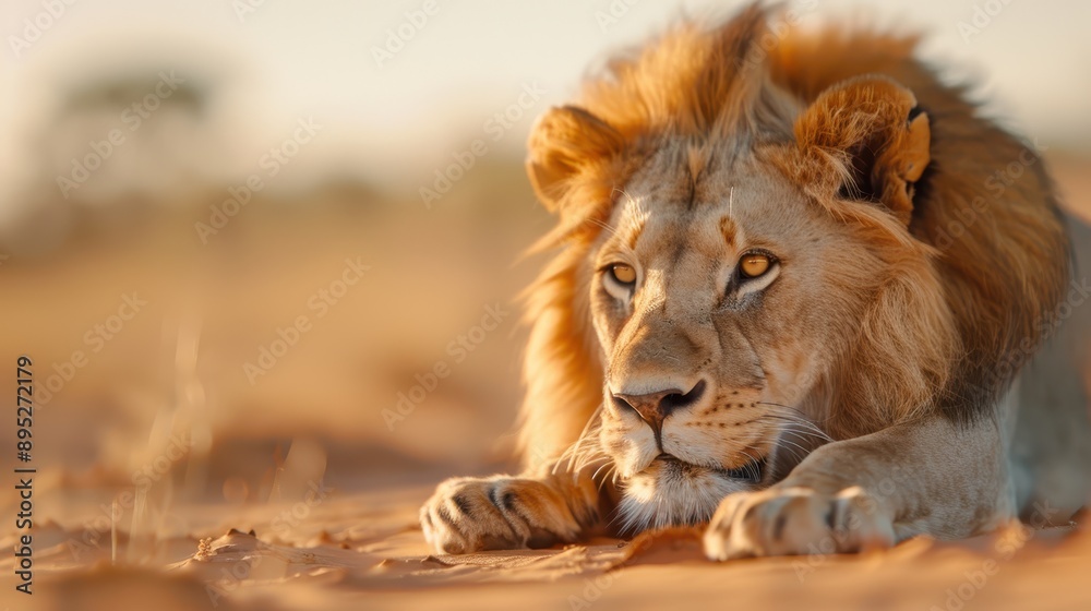 Fototapeta premium A majestic lion lies on the savannah's warm ground, with a regal and focused gaze, capturing the essence of strength, dominance, and the wild beauty of Africa.