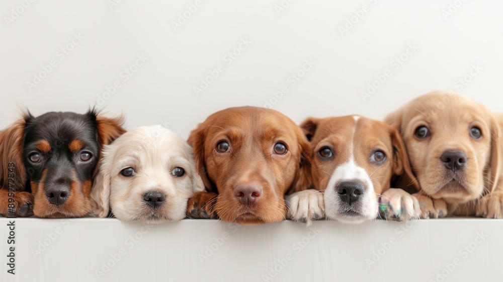 A black and brown dog and a light brown dog are lying down on a white surface, with other elements blurred in the background, creating a focus on the two dogs.