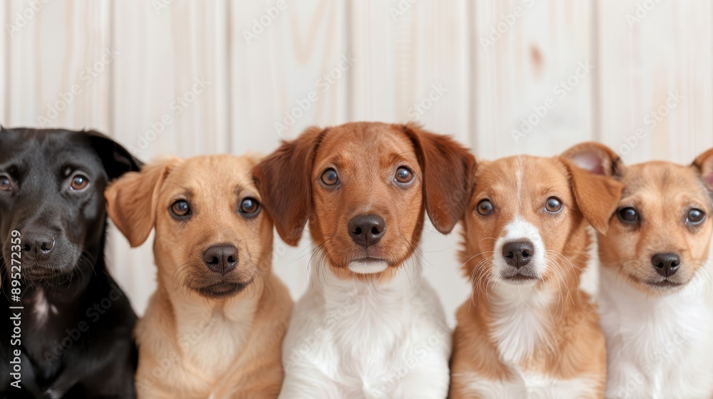 Four dogs are seated in a row, with three of them having light-colored coats and one black dog on the left, all posing in front of a light wooden background. Four dogs are seated in a row, with three of them having light-colored coats and one black dog on the left, all posing in front of a light wooden background.