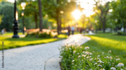 A beautifully sunlit pathway in a park with close-up focus on blooming flowers, leading through lush green trees, creating a warm and inviting atmosphere. photo