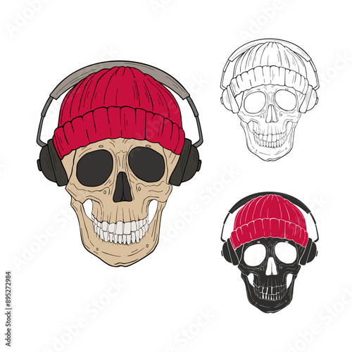 Skull in a Knitted Cap and headphones. Vector illustration