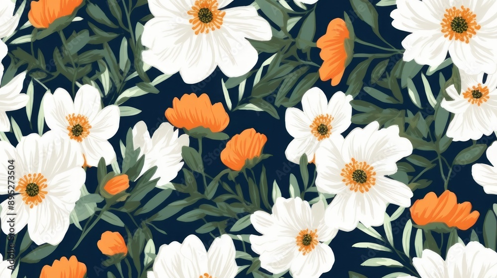 The bright orange and white soka flower pattern with green leaves creates a beautiful backdrop, exuding warmth and joy in every corner. The bright orange and white soka flower pattern with green leaves creates a beautiful backdrop, exuding warmth and joy in every corner.
