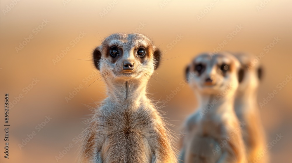 The image features meerkats in their natural habitat, with clear focus on the leader. The photograph captures the essence of their social structure and watchfulness in the wild.