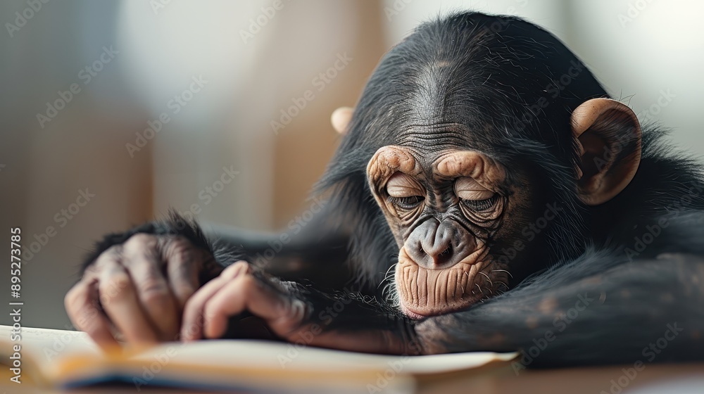 A chimpanzee leans forward on a table, deeply engrossed in reading a book, showcasing curiosity and intelligence in an intimate setting, likely promoting learning. A chimpanzee leans forward on a table, deeply engrossed in reading a book, showcasing curiosity and intelligence in an intimate setting, likely promoting learning.