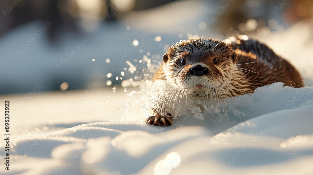 A charming otter captured in a lively moment as it slides through the snow, showcasing its playful and carefree nature in a winter wonderland setting. A charming otter captured in a lively moment as it slides through the snow, showcasing its playful and carefree nature in a winter wonderland setting.