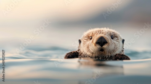 A delightful image of an inquisitive otter peeking out of the serene water, capturing its curious and endearing nature as it observes its surroundings attentively.