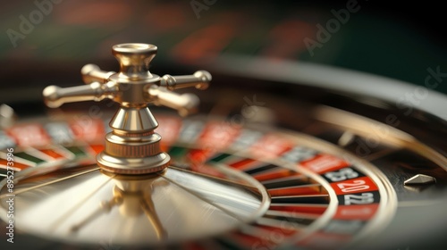 A detailed close-up photograph of a roulette wheel in action on a casino table, emphasizing the excitement, chance and elegance involved in gambling activities. photo