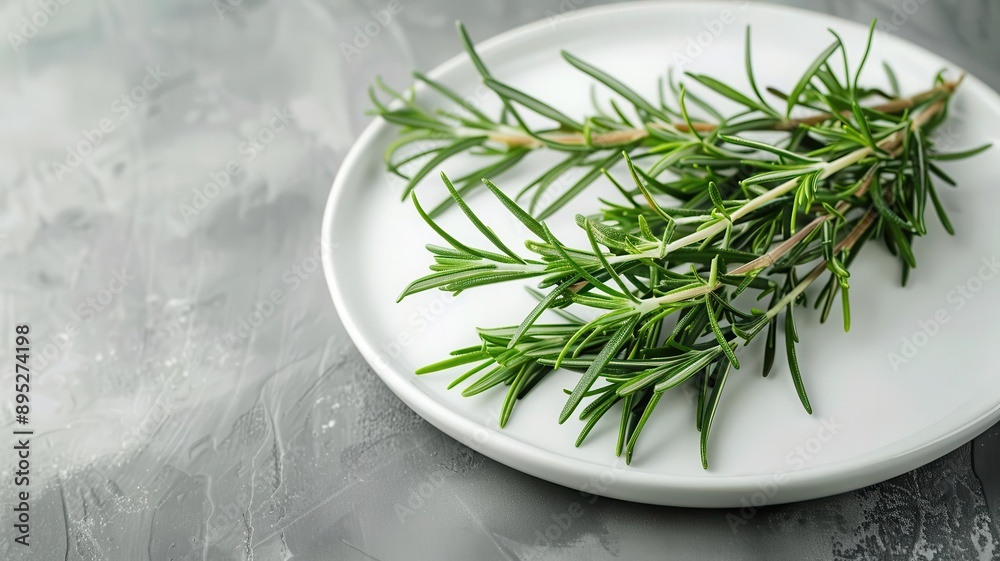 Fresh rosemary sprigs on a white plate, aromatic hypertension herb Fresh rosemary sprigs on a white plate, aromatic hypertension herb