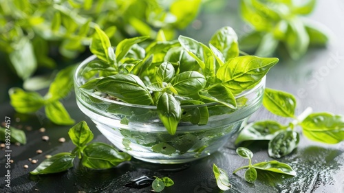 Fresh holy basil leaves in a glass bowl, adaptogenic herb for hypertension