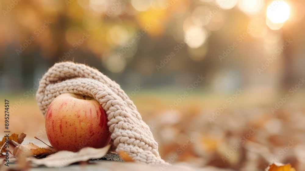An apple wrapped snugly in a soft scarf is surrounded by autumn leaves, portraying a cozy, warm scene evocative of autumn’s embrace and the simple pleasures of the season. An apple wrapped snugly in a soft scarf is surrounded by autumn leaves, portraying a cozy, warm scene evocative of autumn’s embrace and the simple pleasures of the season.