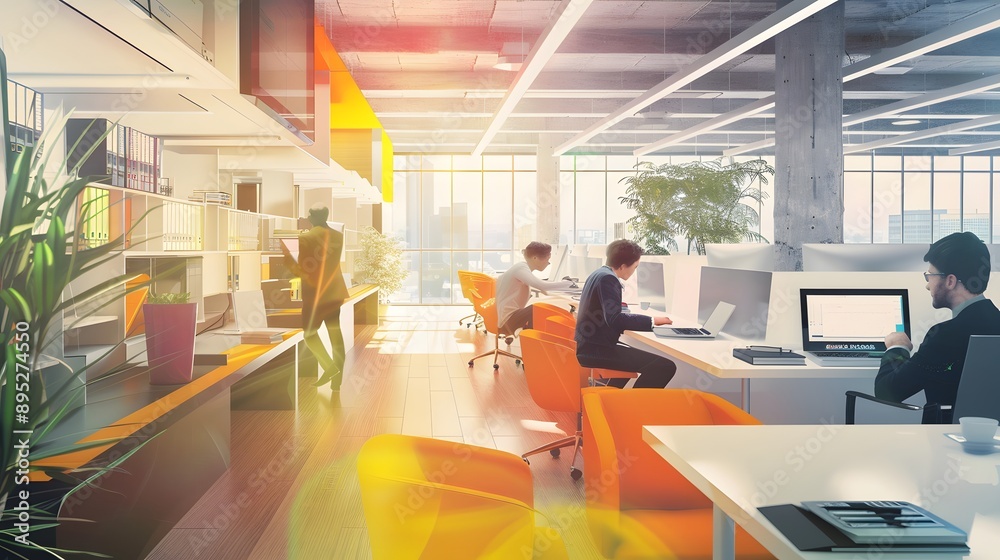 Modern office with open workspace, bright lighting, and large windows overlooking city. Modern office with open workspace, bright lighting, and large windows overlooking city.