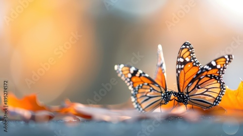 A close-up shot capturing the delicate beauty of two monarch butterflies resting on vibrant autumn leaves, highlighting the intricate patterns and colors of their wings. photo