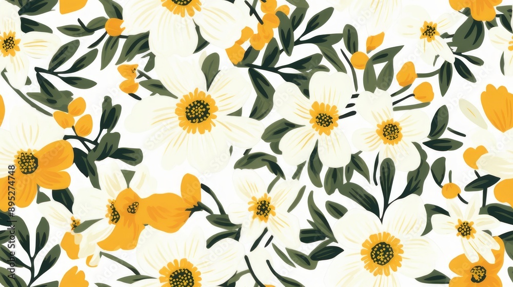 The background decorated with yellow and orange princess stefanot flowers and green leaves brings a feeling of warmth and peace, as if in a garden full of natural beauty. The background decorated with yellow and orange princess stefanot flowers and green leaves brings a feeling of warmth and peace, as if in a garden full of natural beauty.