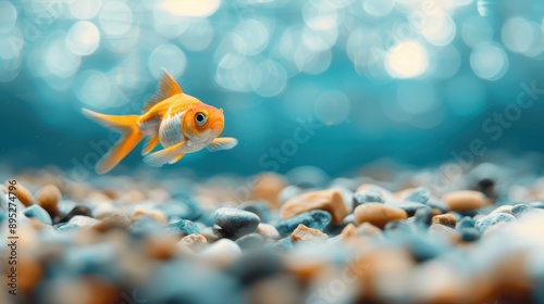 This image captures a goldfish swimming gracefully above a pebble-strewn aquarium floor, presenting a natural and serene underwater setting, ideal for peaceful themes. photo