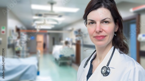 Female doctor in a hospital hallway with a stethoscope around her neck. photo