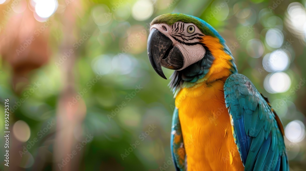 A colorful parrot with vivid yellow and blue feathers sits against a lush green background, highlighting the bird's detailed plumage and striking appearance. A colorful parrot with vivid yellow and blue feathers sits against a lush green background, highlighting the bird's detailed plumage and striking appearance.