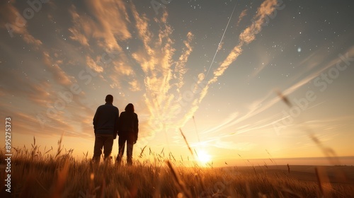 A man and woman standing side by side in a field, admiring a vivid sunset. The striking sky and shared moment symbolize hope, companionship, and appreciation of nature.