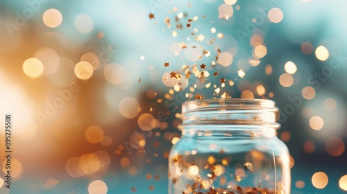 A captivating image featuring star-shaped glitter streaming out of a mason jar, set against a twilight background, symbolizing dreams, celebration, and wonder.
