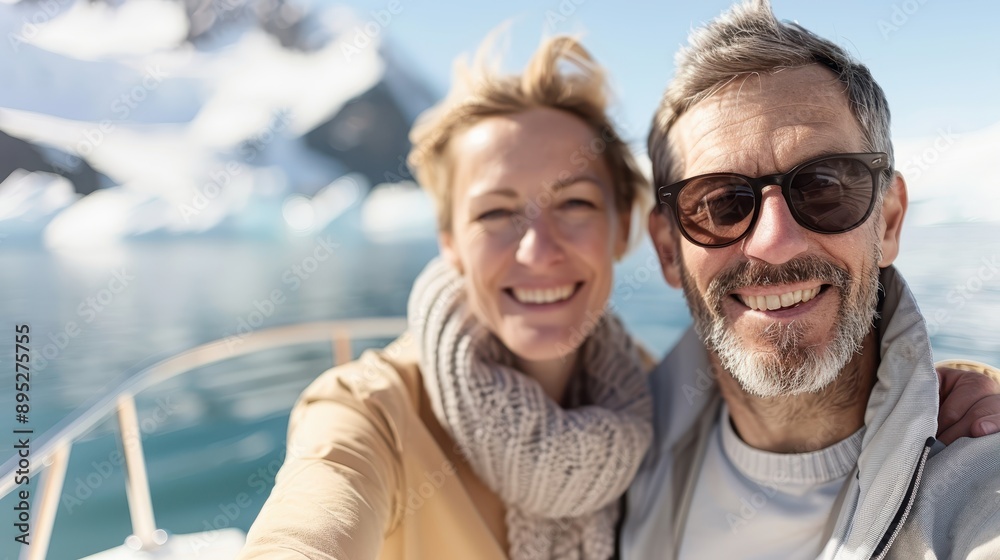 A cheerful middle-aged couple are taking a selfie on a boat against a stunning backdrop of snowy mountains and calm blue waters, enjoying a serene day outdoors. A cheerful middle-aged couple are taking a selfie on a boat against a stunning backdrop of snowy mountains and calm blue waters, enjoying a serene day outdoors.