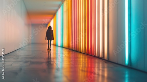 A solitary figure walks down a corridor illuminated by a series of colored lights, creating a striking visual contrast and reflecting themes of solitude and introspection.
