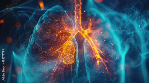 Wallpaper Mural Close up of a human chest with lungs, in an x-ray style illustration on a blue background with red highlights on the lung area Torontodigital.ca