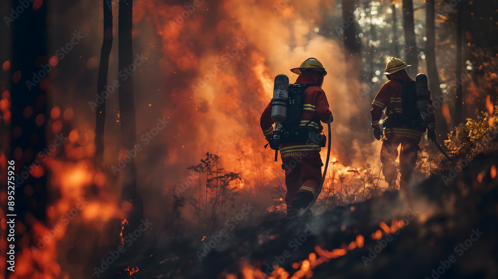 Brave Firefighters Battling a Forest Fire – Intense Scene with Flames and Smoke, Highlighting Heroic Efforts Brave Firefighters Battling a Forest Fire – Intense Scene with Flames and Smoke, Highlighting Heroic Efforts