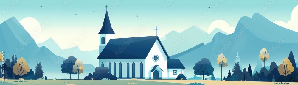 Naklejka premium A serene illustration of a white church nestled among tranquil mountains, surrounded by nature's peaceful beauty.