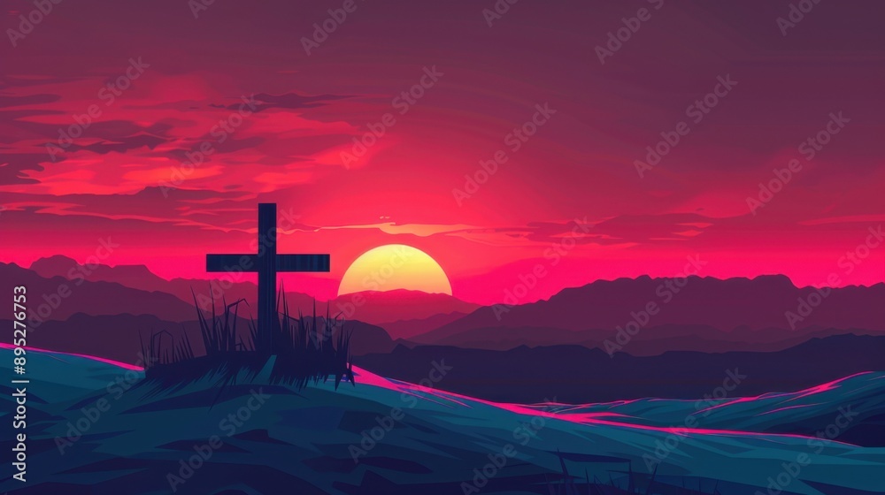 A serene landscape featuring a cross against a vibrant sunset, symbolizing hope and reflection in a mystical atmosphere. A serene landscape featuring a cross against a vibrant sunset, symbolizing hope and reflection in a mystical atmosphere.