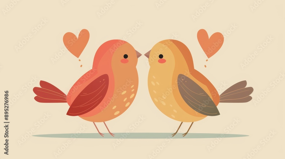 Obraz premium Cute illustrated birds in love with hearts above them, perfect for expressing affection or romance in design projects.