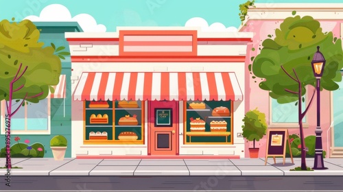 Charming bakery storefront with a striped awning, displays of pastries, and vibrant trees, inviting a delightful visit. © pingpao