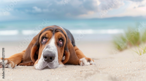 Dog Relaxing on the Beach. A Cute Dog Lying on the Sand by the Ocean Captivating Beach Landscape with Waves and Clouds. Perfect Scene of Dog at the Seaside