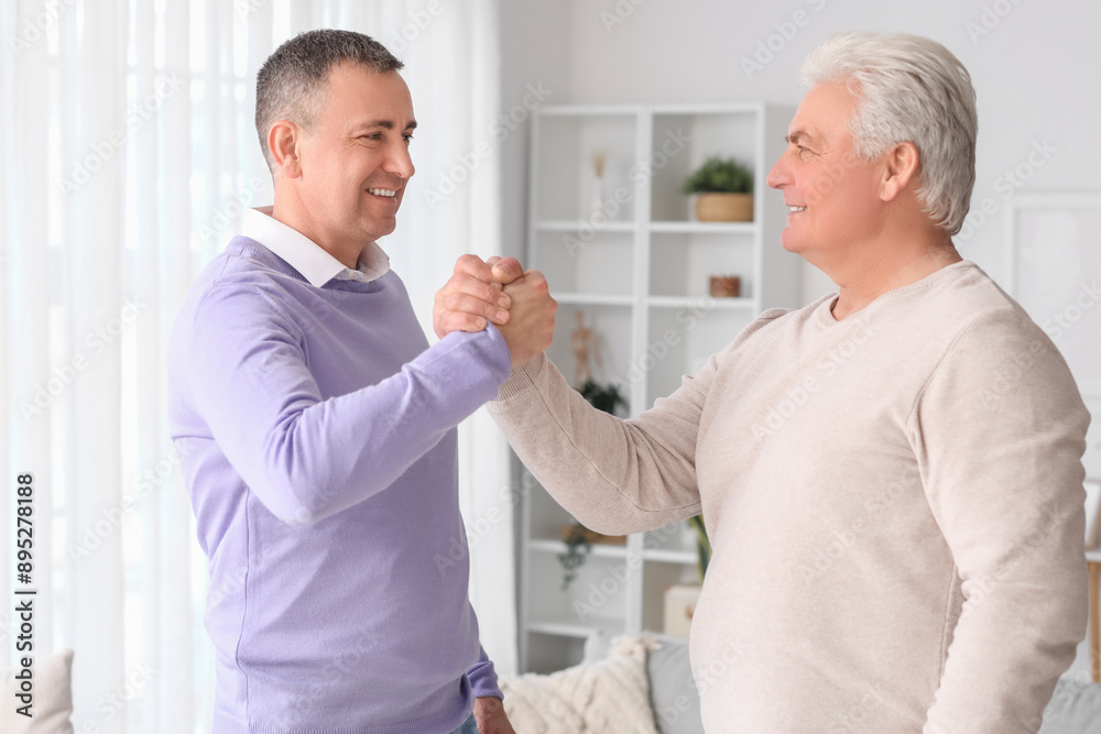 Obraz premium Mature brothers holding hands at home