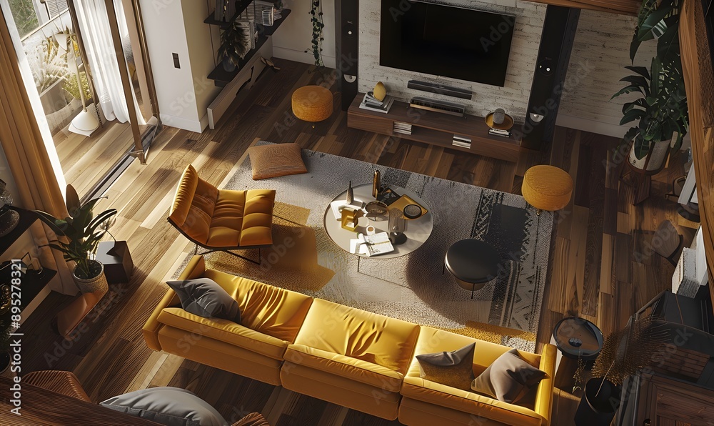 Modern Living Room Interior Design with Yellow Sofa and Wooden Floor Modern Living Room Interior Design with Yellow Sofa and Wooden Floor